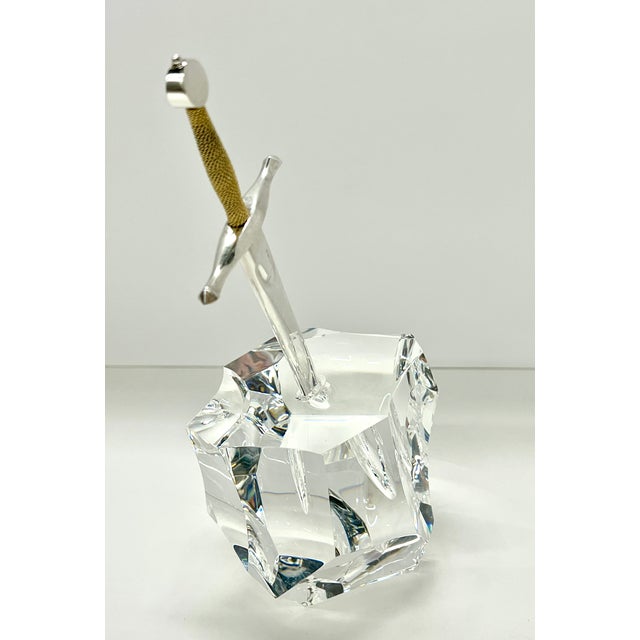 Metal 1960s Iconic Steuben “Excalibur” Sword in the Stone Crystal Paperweight With Sterling Silver & 18k Gold Sword Letter Opener For Sale - Image 7 of 10