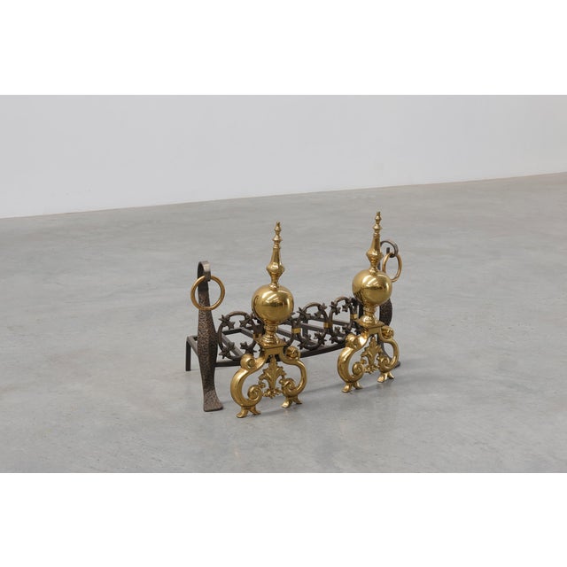20th Century French Brass Firedogs and Wrought Iron Fireplace Grate, 1950s For Sale - Image 16 of 18