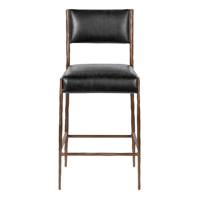 Black Leather & Bronze Counter Stool For Sale