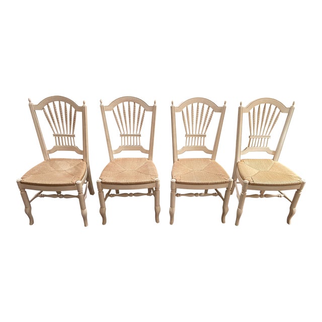 2000s Ethan Allen Country French Wheat Back Chairs With Rush Seats Set
