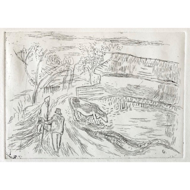 Tibor Gergely, Vintage Art Etching Farm with Cow and Farmer, Famed Children's Book Illustrator, c.1940s For Sale