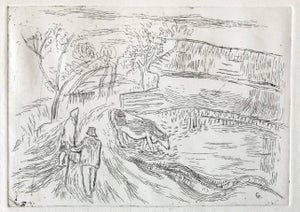 Tibor Gergely, Vintage Art Etching Farm with Cow and Farmer, Famed Children's Book Illustrator, c.1940s