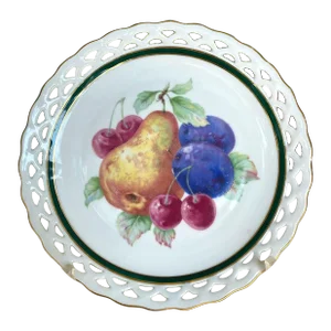 Vintage Winterling - Bavaria 82 Fruit Center Salad Plate - Pear & Plum, Pierced Edge, Green Band, Gold Rim