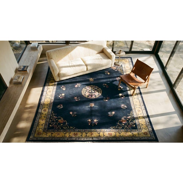 Textile Charming Details Rose-Yellow-Blue Roses Floral-Medallion Design Antique Chinese Peking Rug For Sale - Image 7 of 9