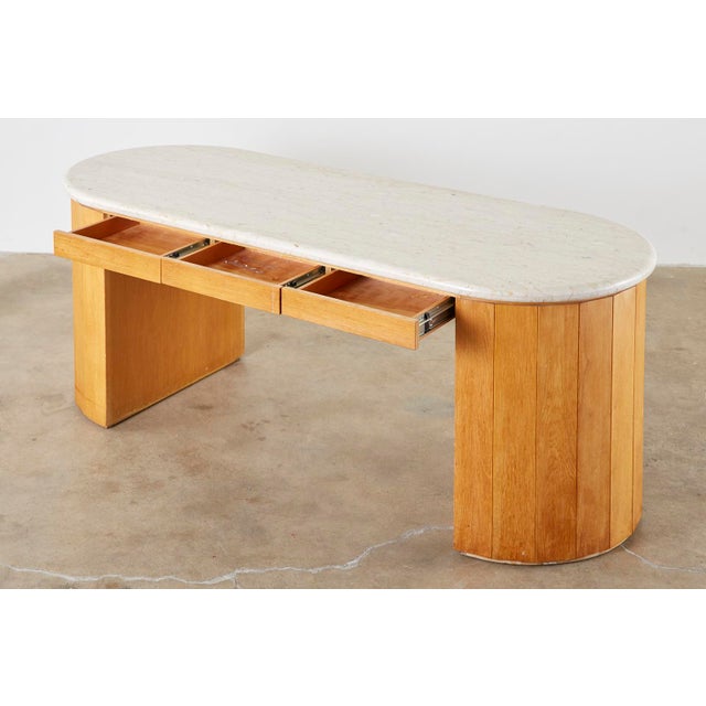 MarbleTop Oak Executive Pedestal Desk With Demilune Ends Chairish