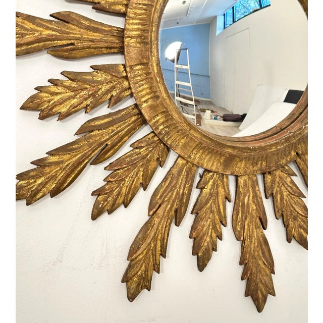 Gold French Gilt Sunburst or Starburst Convex Mirror (Diameter 28 1/8) For Sale - Image 8 of 10