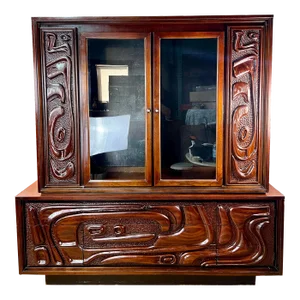 Pulaski Furniture Corporation 'Oceanic' Sculpted Walnut Credenza and Hutch 1960’s