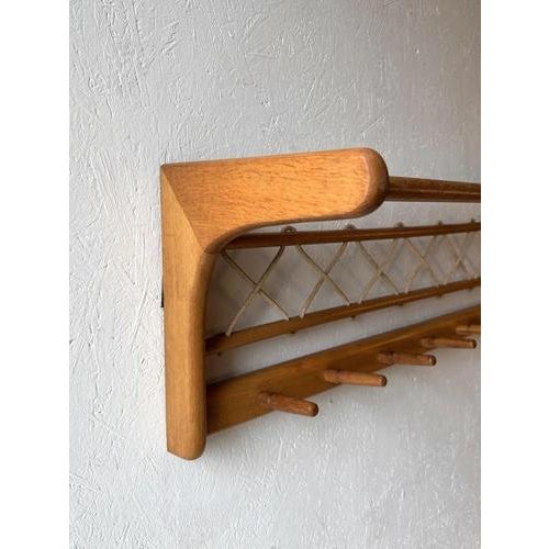 Vintage Oak Wall Coat Rack with Braided Cord, 1960s For Sale - Image 3 of 9