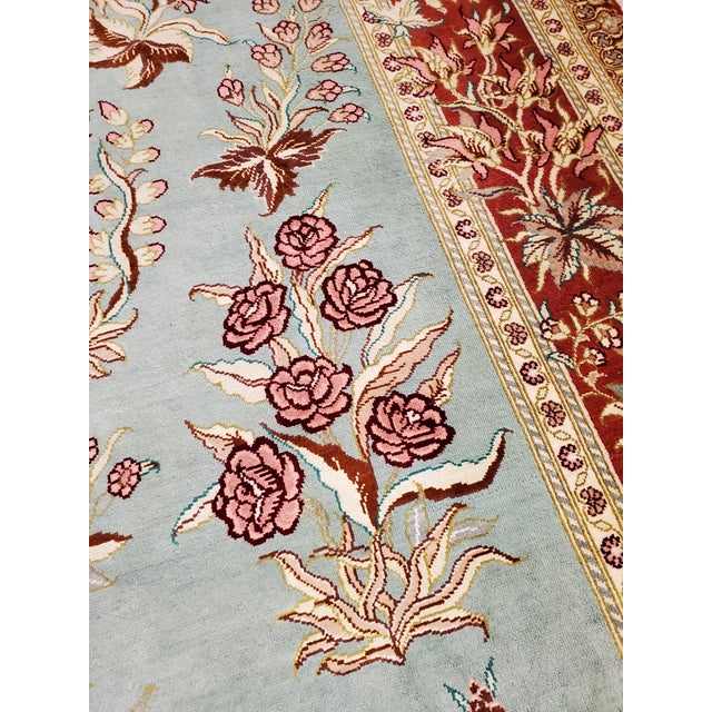 Textile Late 20th Century Rare Finely Woven Persian Silk Qum, Handmade Oriental Rug, Sky Blue and Red For Sale - Image 7 of 17