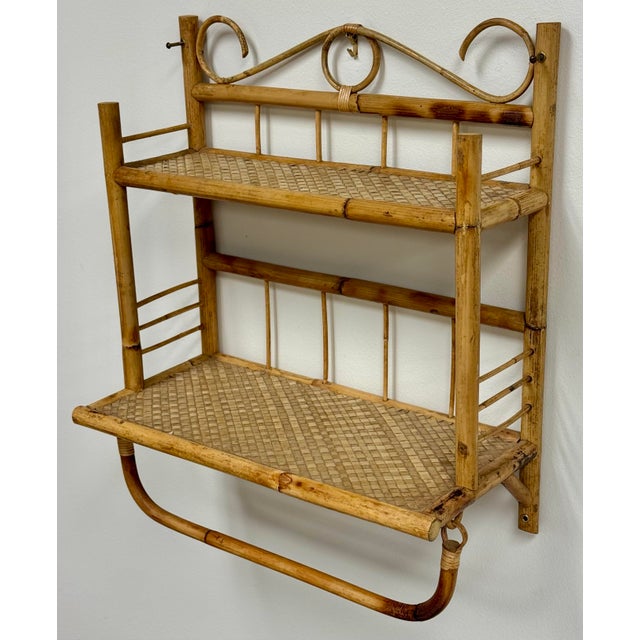 Vintage Bamboo and Wicker Wall Shelf With Towel Rack For Sale - Image 4 of 9