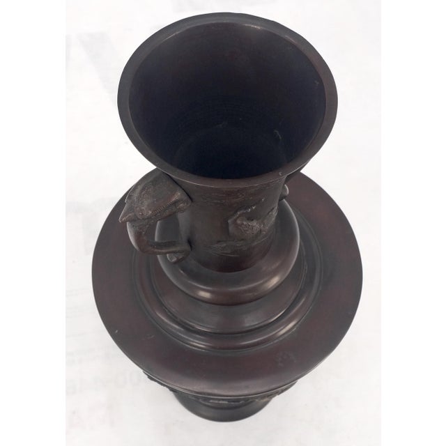 Early 20th Century Large Brass or Bronze Asian Two Handles Vase Urn Birds Motif Reliefs Clean! For Sale - Image 11 of 12