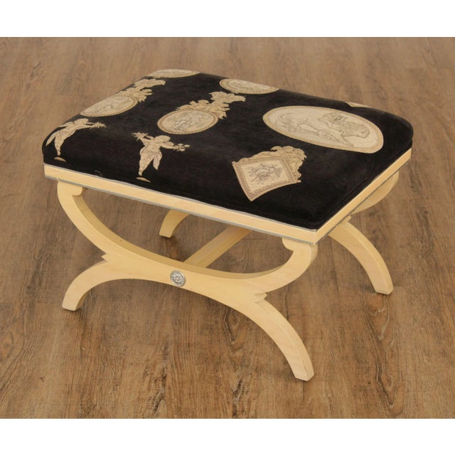 High Quality Vintage Partial Silver Gilt Accented Wood Frame Low Stool, Having Custom Upholstered Seat with Classical...