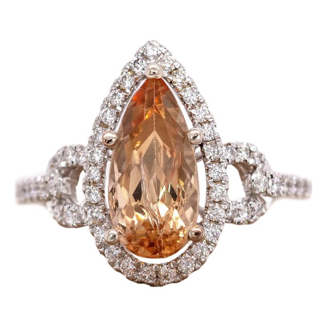 2.5cts, 12x6mm Imperial Topaz & Accented Natural Diamonds Ring in 14k Solid Gold For Sale