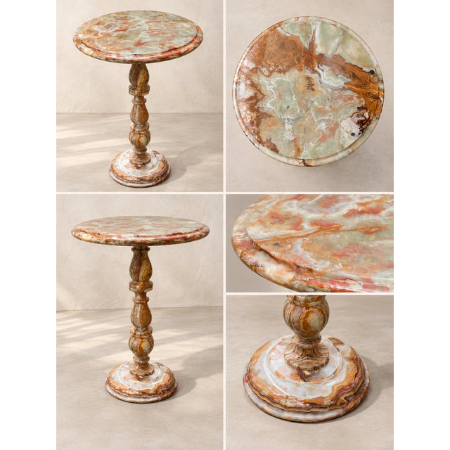 Peach Handcrafted Natural Green & Peach Onyx Pedestal Side Table by Zarva Stone For Sale - Image 8 of 10