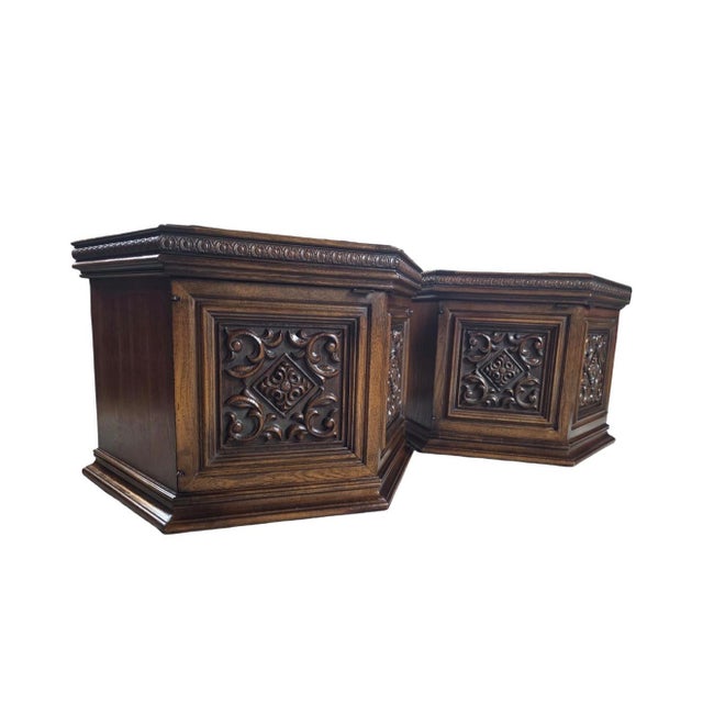 Wood Pair of Vintage Carved Wood Hexagonal End Tables With Parquetry Tops & Storage For Sale - Image 7 of 12