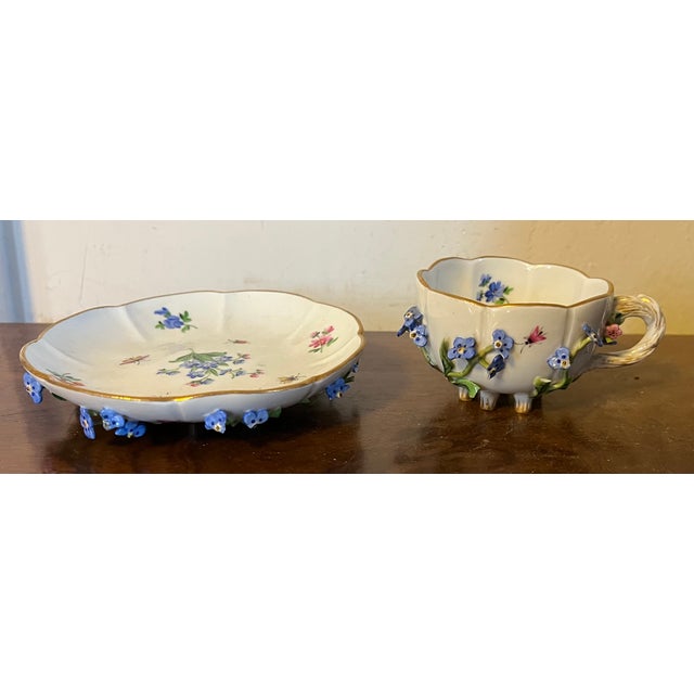 19th Century Antique Meissen Porcelain Tea Cup and Saucer With Applied Flowers and Hand Painted Insects For Sale - Image 5 of 12