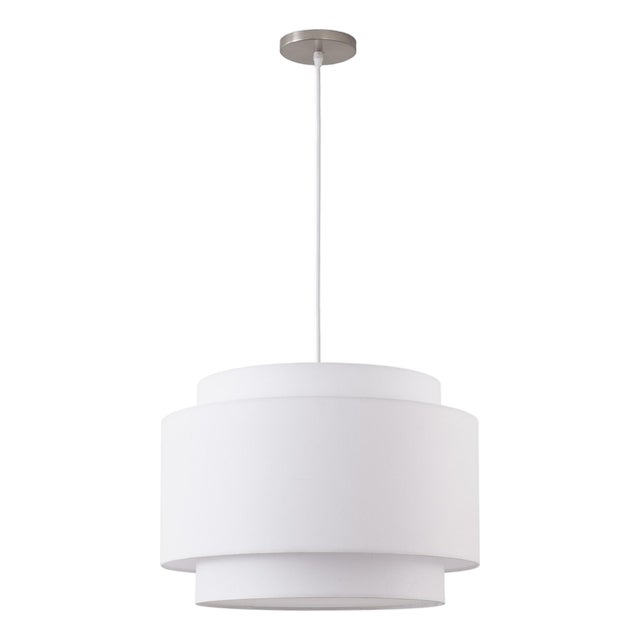 Coronado 18 Pendant Light by Nova of California - White Linen Double Drum Shade, Satin Nickel Steel, Dimmable, Modern Minimalist for Dining Kitchen For Sale