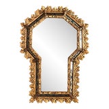Spanish Hollywood Regency Gilt Mirror With Keyhole Form and Etched Blue Glass For Sale