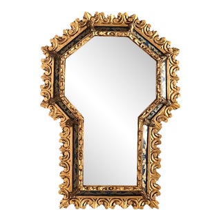 Spanish Hollywood Regency Gilt Mirror With Keyhole Form and Etched Blue Glass For Sale