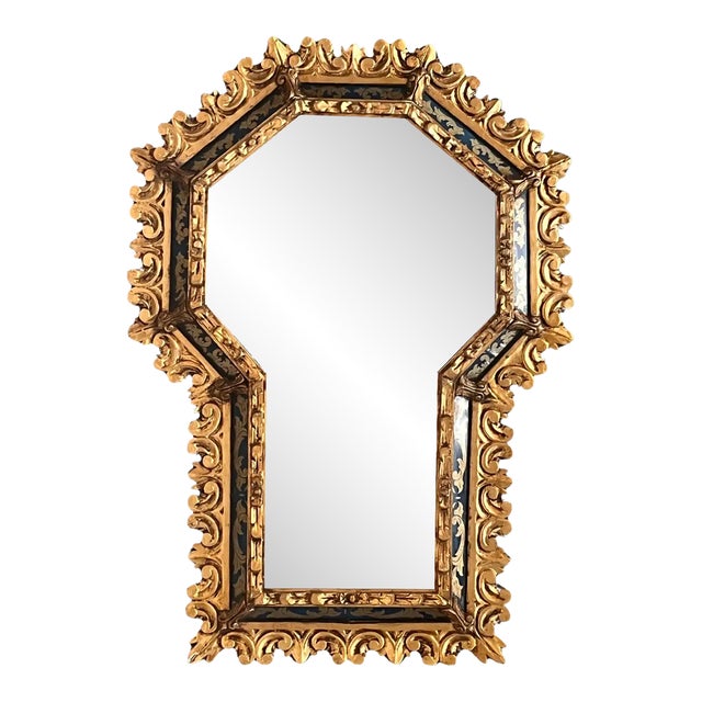Spanish Hollywood Regency Gilt Mirror With Keyhole Form and Etched Blue Glass For Sale