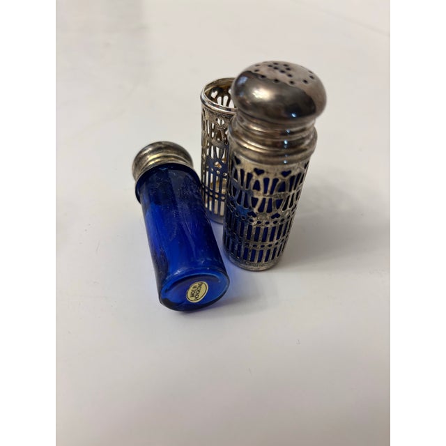 Metal Mid 20th Century Collection of Vintage Cobalt Blue Glass Salt and Pepper Shakers With Silverplate Filigree For Sale - Image 7 of 11