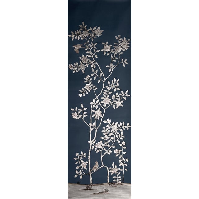 Hand Painted Chinoiserie Wallpaper Panel, Elegant Floral Bird Tree Mural Wallpaper, Custom Wall Decor For Sale