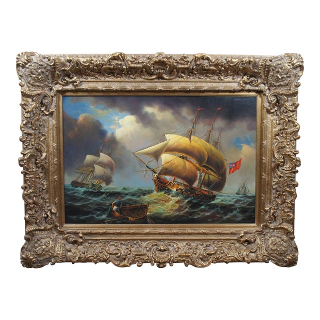 British Napoleonic Wars Nautical Maritime Ship Galleon Seascape Oil Painting 51" For Sale