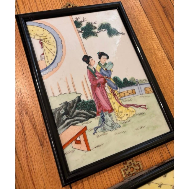 Chinese Vintage Chinese Famille Rose Hand Painted and Framed Porcelain Tiles Set of 4 For Sale - Image 3 of 12