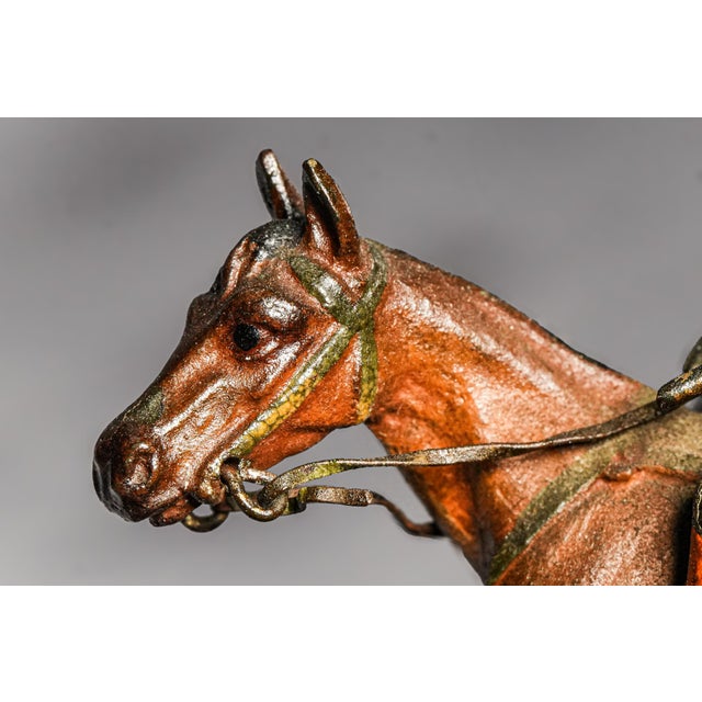 Charming Antique Austrian Cold Painted Bronze Fox Hunt Horse Sculpture Catchall English Equestrian Desk Tray Black Stone Home Office Decor For Sale - Image 4 of 13