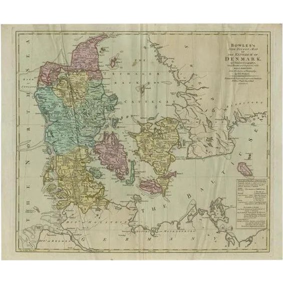 Large Antique Map of Denmark by Bowles, 1780 For Sale