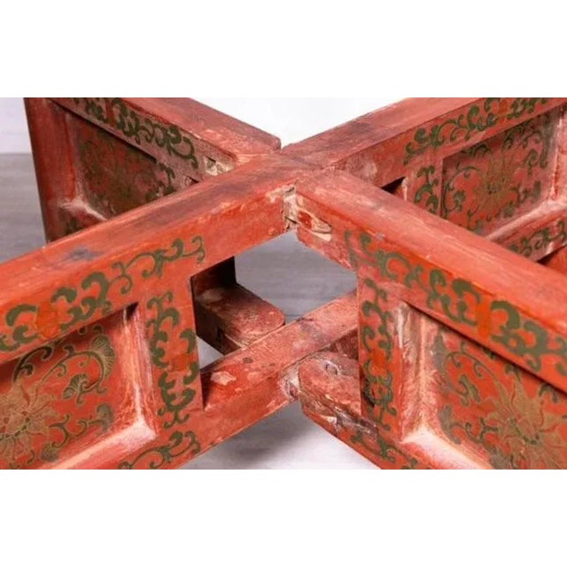 Red Pair of Early 20th Century Antique Chinese Polychrome Gilt Decorated Red Drum Glass Top Tables For Sale - Image 8 of 12
