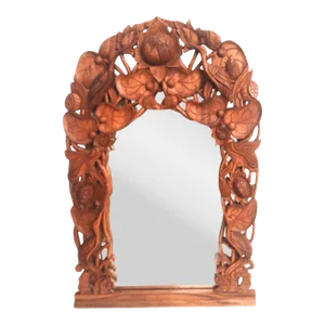 Vintage Solid Carved Wood Egret Lotus Flower Arched Wall Mirror