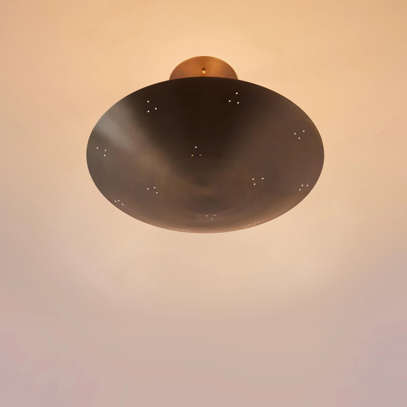 Two Enlighten 'Rey' Perforated Patinated Brass Dome Ceiling Lamp