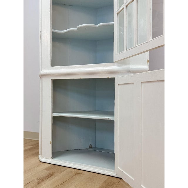 Antique Painted White Corner China Cabinet Pane Glass Door 1800s Display Cabinet For Sale - Image 12 of 18