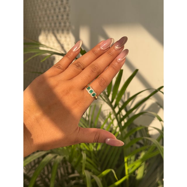 Not Yet Made - Made To Order 14k Yellow Gold Modern Classic Emerald Diamond Three Stone Ring Size 4 For Sale - Image 5 of 16