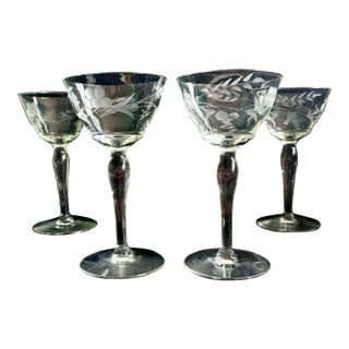 Vintage Etched Cordial Glasses – Set of 4 | Floral & Leaf Motif | Flared Rim Coupe Stemware For Sale