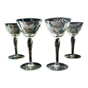 Vintage Etched Cordial Glasses – Set of 4 | Floral & Leaf Motif | Flared Rim Coupe Stemware