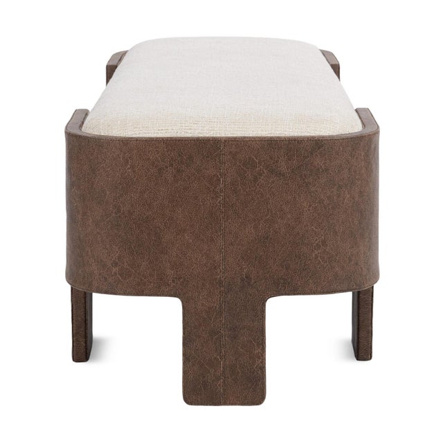Contemporary Brown Leather & Cream Modern Oval Bench For Sale - Image 3 of 5