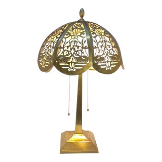 Circa 1920s Antique Brass Lamp With Reticulated Brass Lampshade For Sale