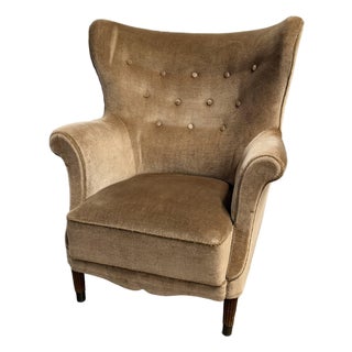 Danish Modern Mohair Wingback Lounge Chair in the Manner of Fritz Hansen, 1940's For Sale