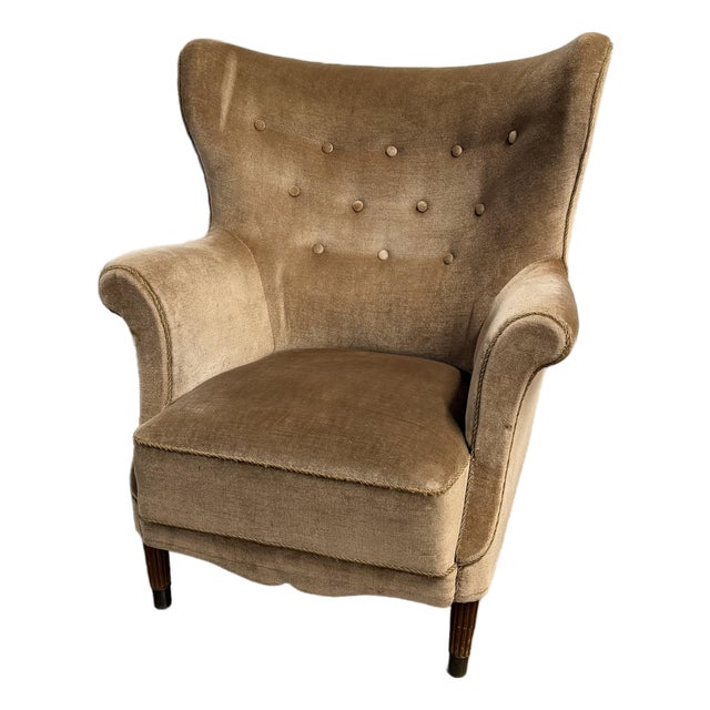 Danish Modern Mohair Wingback Lounge Chair in the Manner of Fritz Hansen, 1940's For Sale