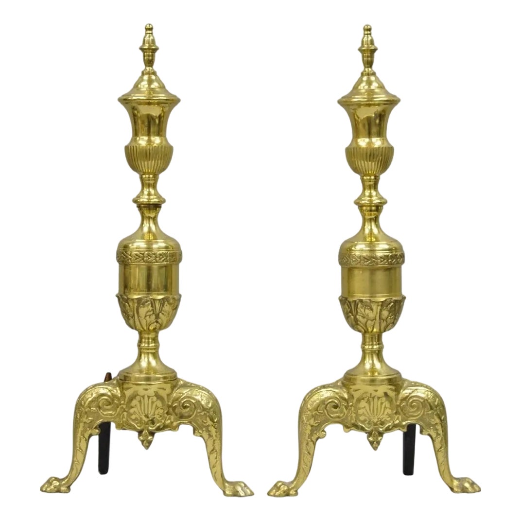Antique French Empire Style Brass Paw Foot Column Cast Iron Andirons ...
