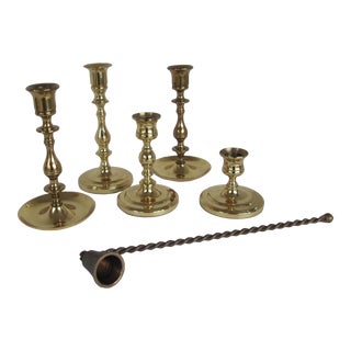 Brass Candleholders and Snuffer - 7 Pieces For Sale