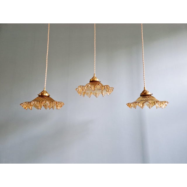 1930s Amber-Colored Pleated Glass Pendant Lights, 1930s, Set of 3 For Sale - Image 5 of 18