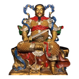 Antique Chinese Polychrome Gilt Bronze Daoist Deity Zhenwu (Xuanwu) Seated Statue For Sale