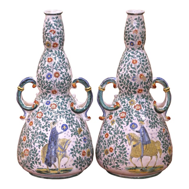 Pair 19th C. French Nevers Faience Ewers Depicting Henri IV and Marie De Medici For Sale