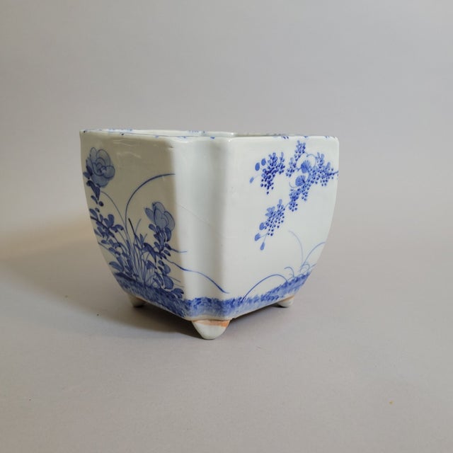 Japanese Blue & White Porcelain Bonsai Planter Cachepot, Square Form With Indented Corners For Sale In Raleigh - Image 6 of 10