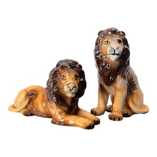 Pair of Vintage Hand Painted Lion Statues For Sale