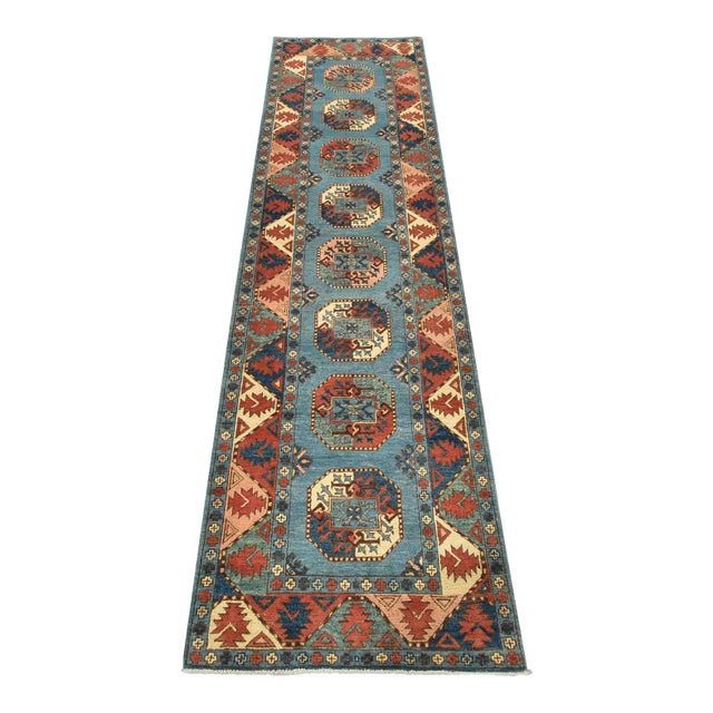 Kazak Runner 2’9” X 9’6” Blue Wool Tribal Hand-Knotted Oriental Rug For Sale