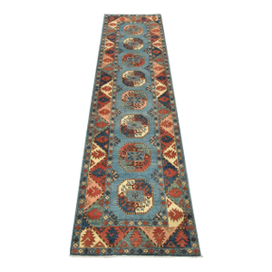 Kazak Runner 2’9” X 9’6” Blue Wool Tribal Hand-Knotted Oriental Rug